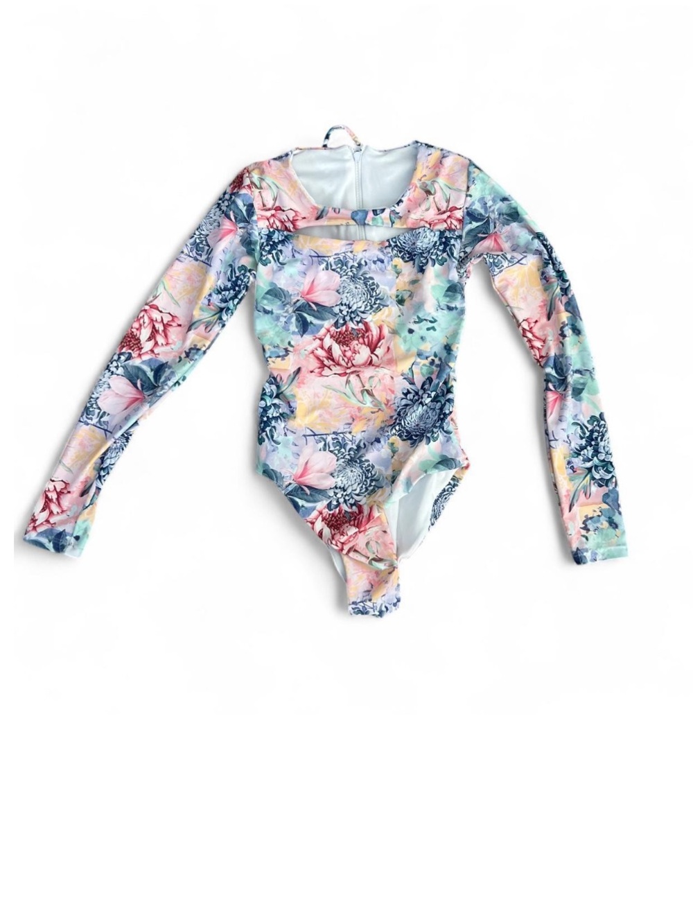 Long-Sleeve Floral One-Piece Swimsuit in Pastel Multi XS
